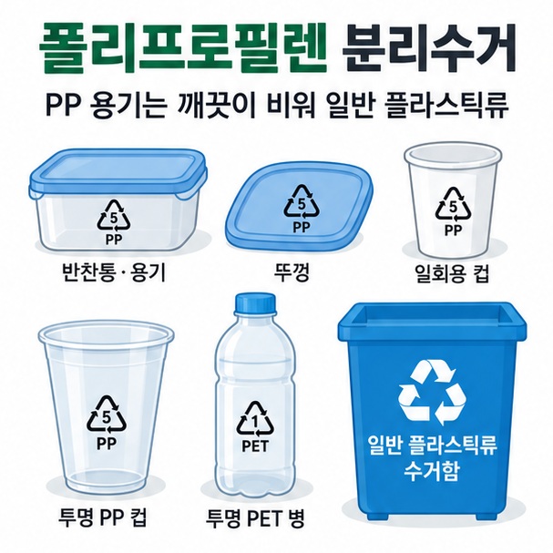 폴리프로필렌 분리수거라는 제목과 PP 표시 플라스틱 용기, 컵, 분리수거함을 함께 표현한 대표 이미지