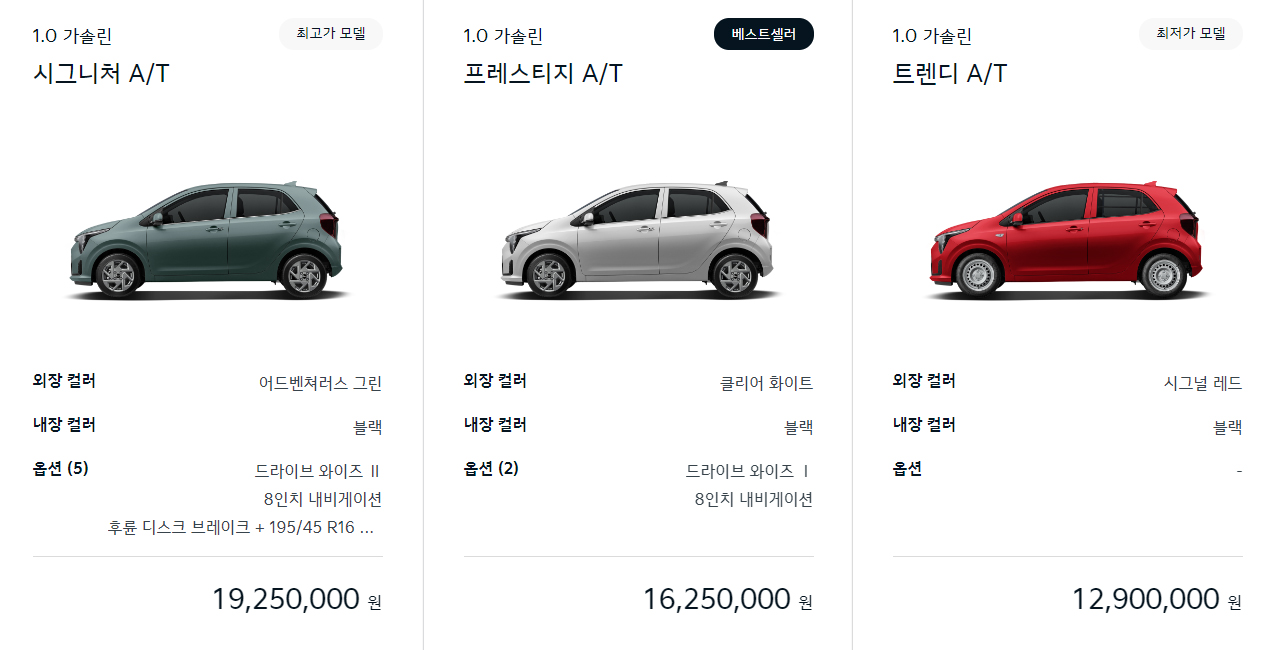 모닝 추천 모델 가격표 페이스리프트