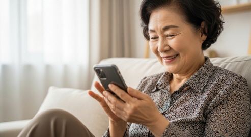 고령 여성이 스마트폰으로 정보를 확인하는 장면