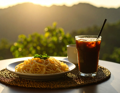 해가 지는 풍경 앞 테이블 위에 놓인 채소 오일 파스타와 아이스 아메리카노