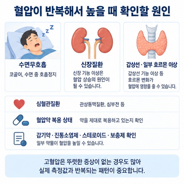 수면무호흡 신장질환 갑상선질환 약물과 반복되는 고혈압 원인을 확인하는 체크리스트 이미지