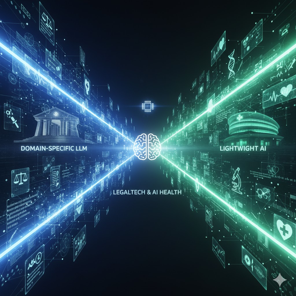 해당 이미지의 대체 텍스트는 다음과 같습니다.

"블랙 배경에 빛나는 파란색과 녹색의 디지털 인터페이스가 양쪽에서 중앙의 뇌 모양 아이콘으로 향하는 이미지. 왼쪽 파란색 섹션에는 'DOMAIN-SPECIFIC LLM'이라는 텍스트와 법률 관련 아이콘(천칭, 법원 건물 등)이 보이고, 오른쪽 녹색 섹션에는 'LIGHTWEIGHT AI'라는 텍스트와 의료 관련 아이콘(병원 건물, 심전도, DNA 구조 등)이 나타납니다. 중앙 하단에는 'LEGALTECH &amp; AI HEALTH'라는 텍스트가 두 섹션을 연결하고 있으며, 전반적으로 기술적인 데이터 흐름과 전문 분야의 융합을 상징하는 추상적인 디자인입니다."