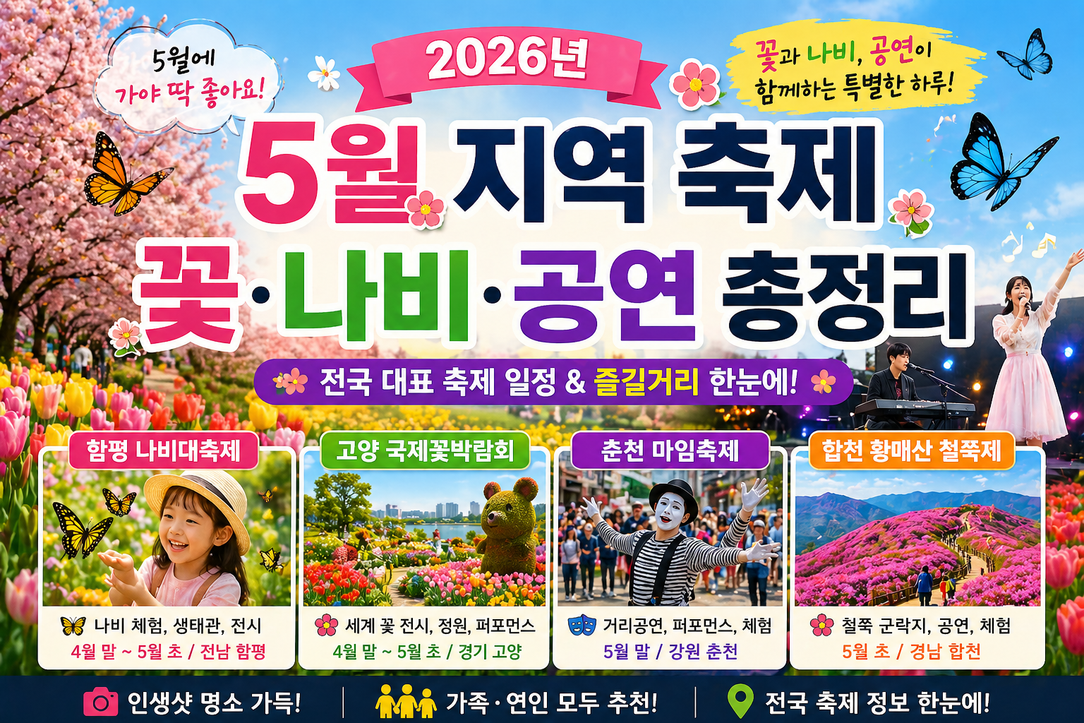 2026년 5월 꽃&middot;나비&middot;공연 축제 총정리｜가족&middot;연인 여행 추천 지역 BEST