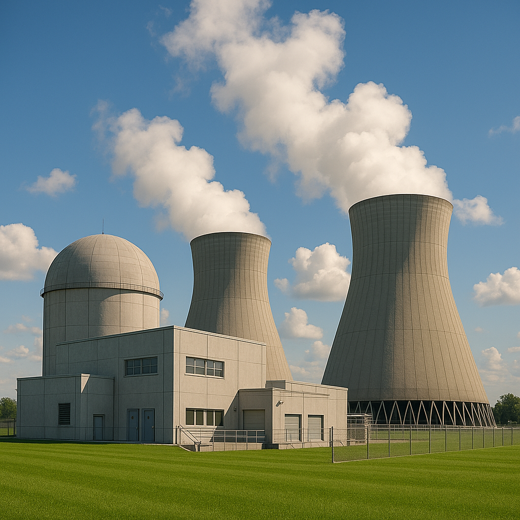 Nuclear power plant with steam-emitting cooling towers and containment dome, set in a green field under a bright sky
