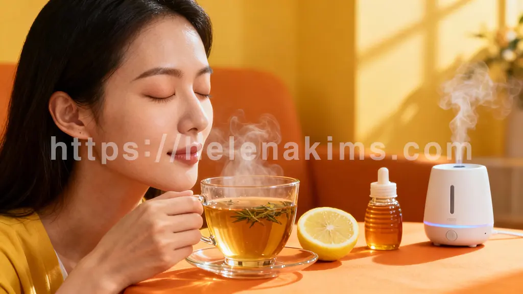 햇살이 가득한 따뜻한 공간. 한 여성이 눈을 지그시 감고 따뜻한 허브차가 담긴 유리잔에서 피어오르는 김을 천천히 들이마시고 있다. 옆에는 신선한 레몬과 꿀병, 작은 미니 가습기가 놓여 있어, 촉촉하고 상쾌한 목 건강을 위한 자연적인 치유 과정을 연출한 이미지.
