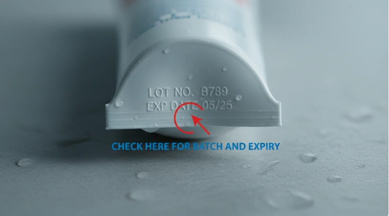 애경 2080 치약 튜브 하단에 표기된 제조번호(LOT NO.)를 확대하여 보여주는 이미지. 리콜 대상 확인 방법을 안내합니다.