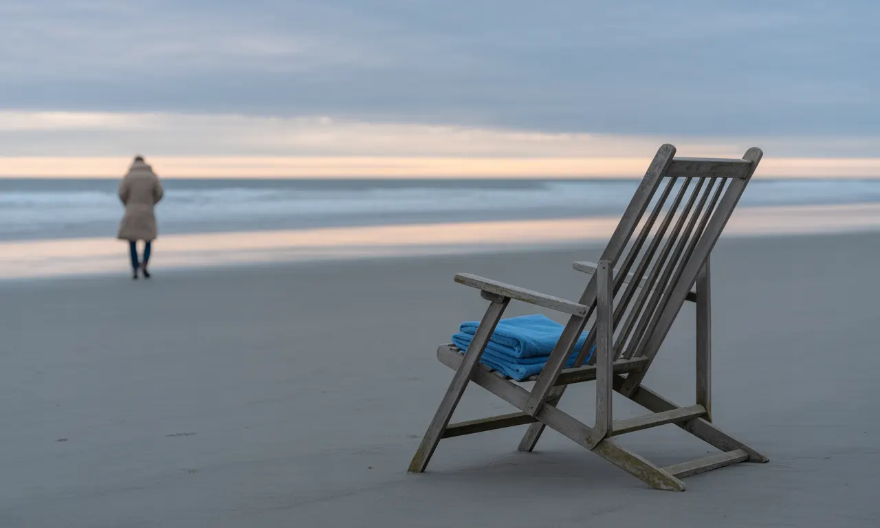 해변에 나무 의자와 멀리서 걷고 있는 남성의 모습