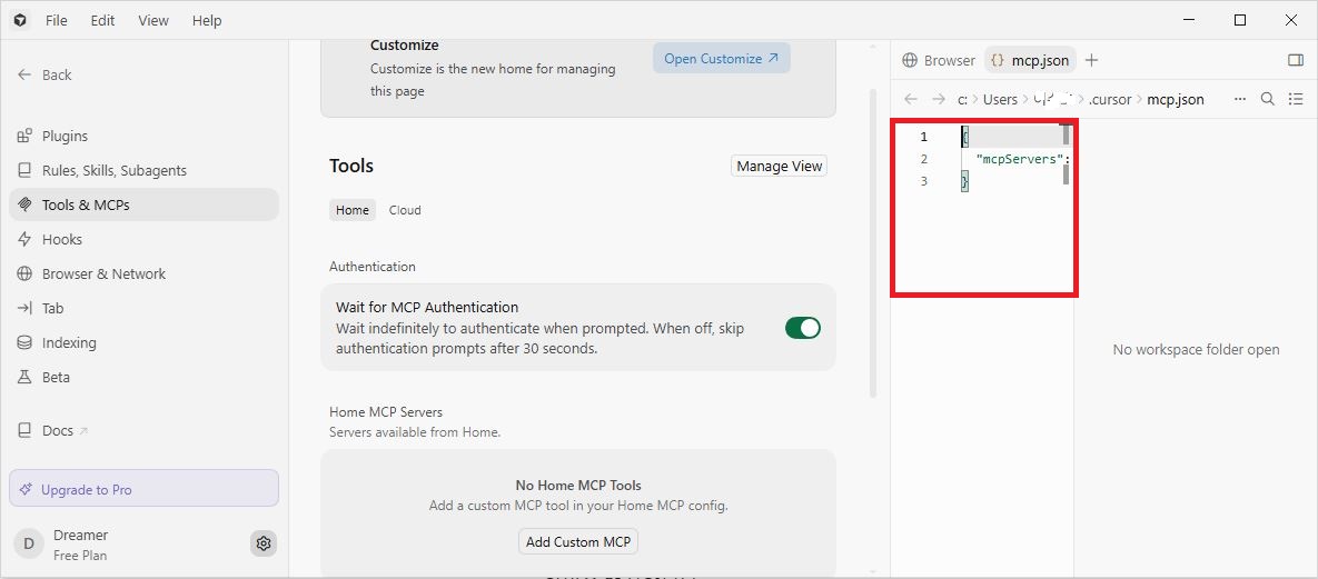 Cursor mcp.json 설정 파일 mcpServers 구문 점검 화면