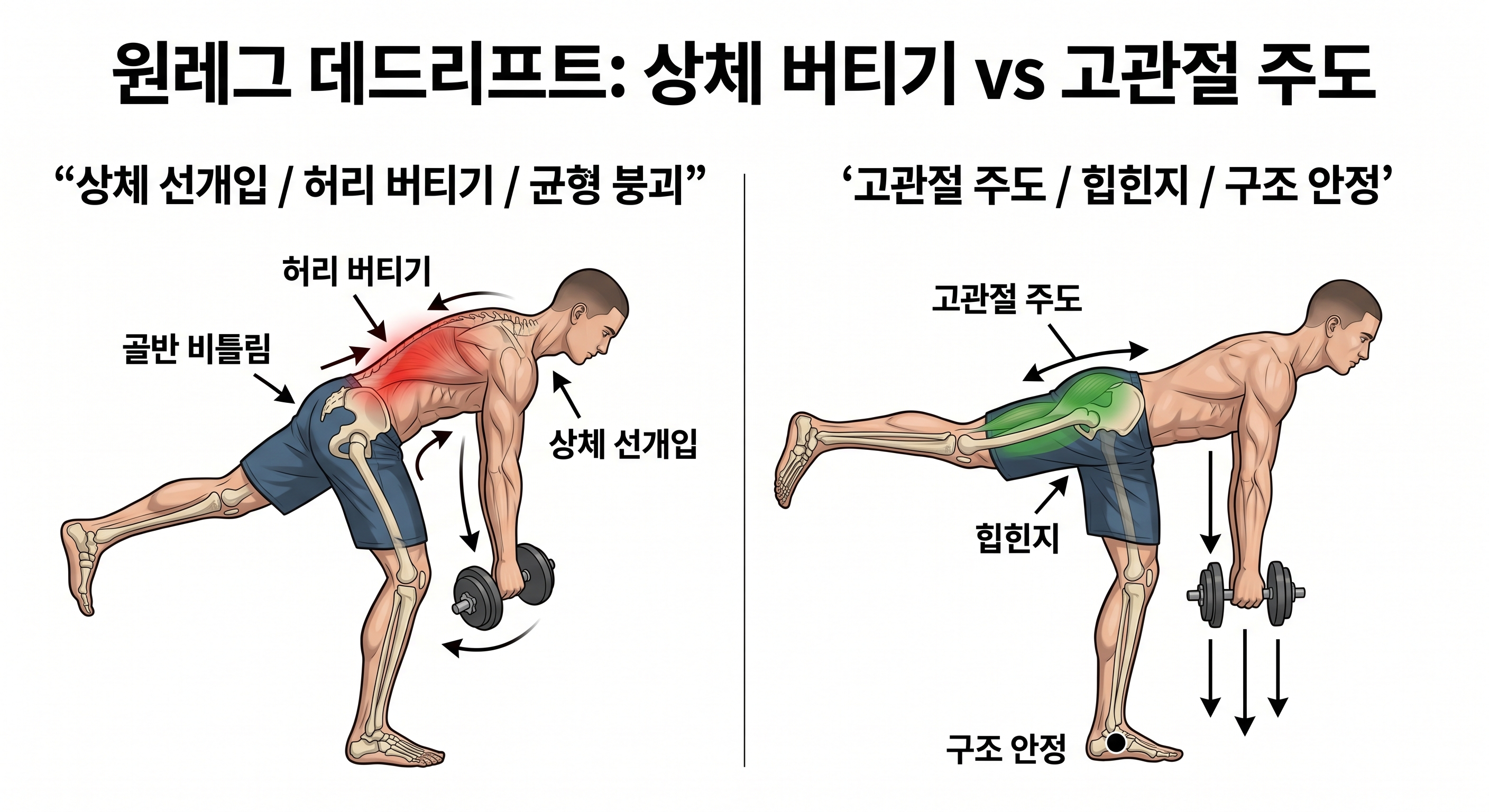 원레그 데드리프트: 상체 버티기 vs 고관절 주도”