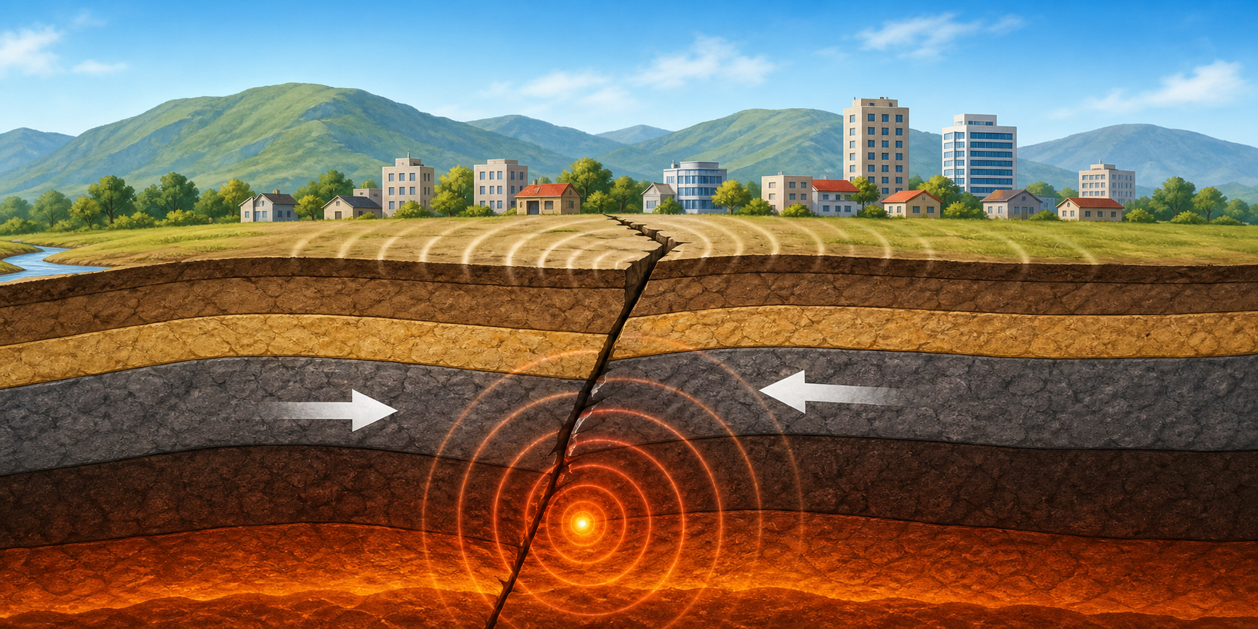 Educational illustration showing Earth's crust plates moving and shaking the ground