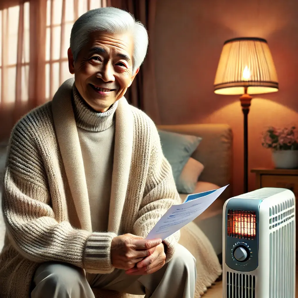 난방비 지원을 받은 뒤 따뜻한 방 안에서 미소 짓는 동양인 노인의 모습