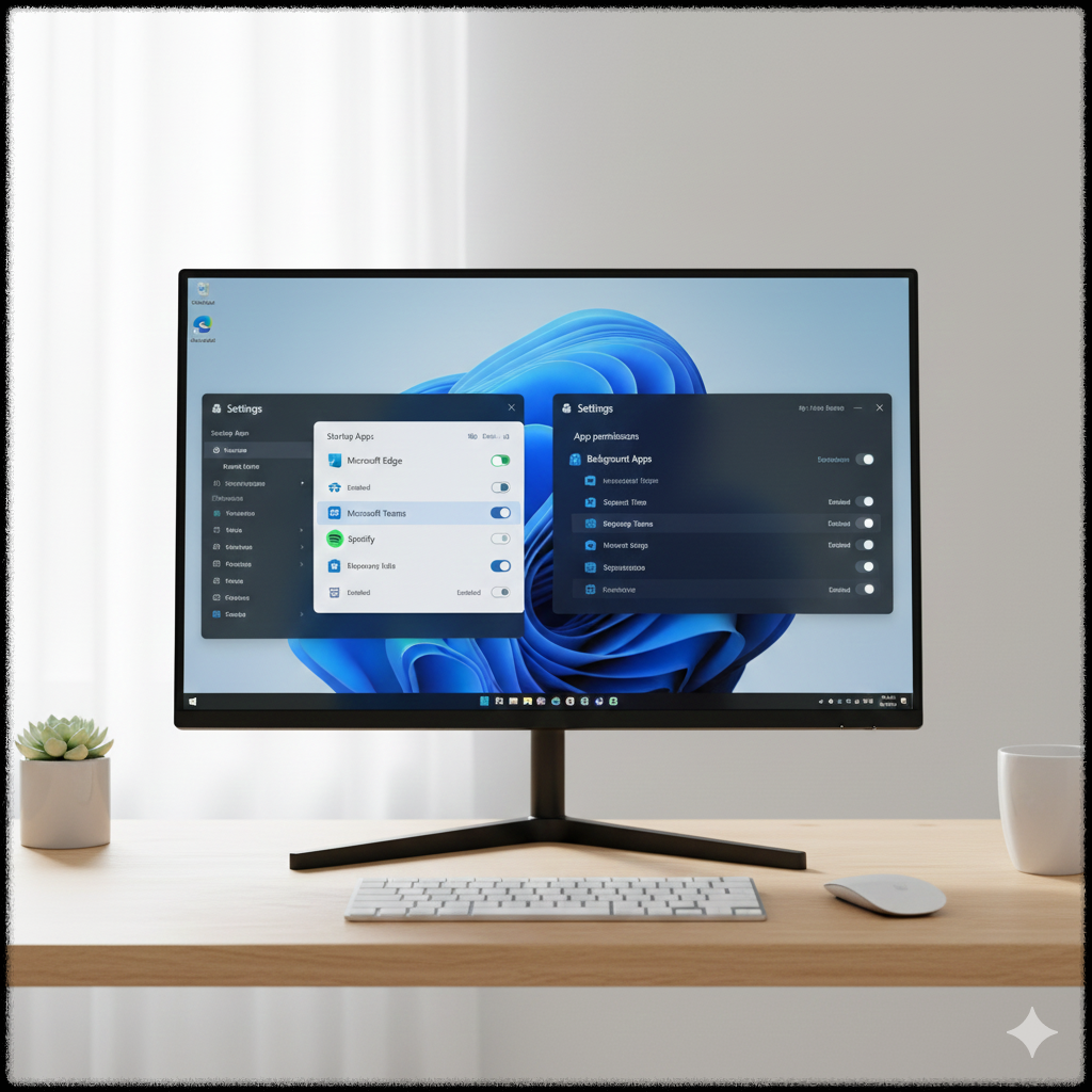 윈도우 11에서 시작 프로그램과 백그라운드 앱을 관리하는 설정 화면