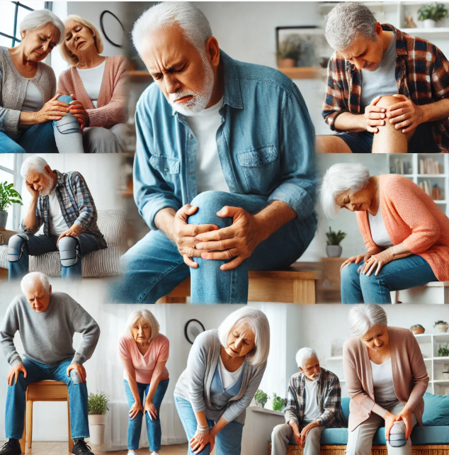 무릎 관절이 아파서 괴로워하는 중년의 사람들