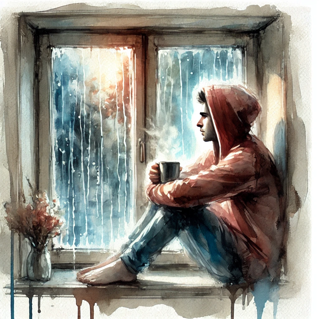 A person sitting by a window during a rainy day