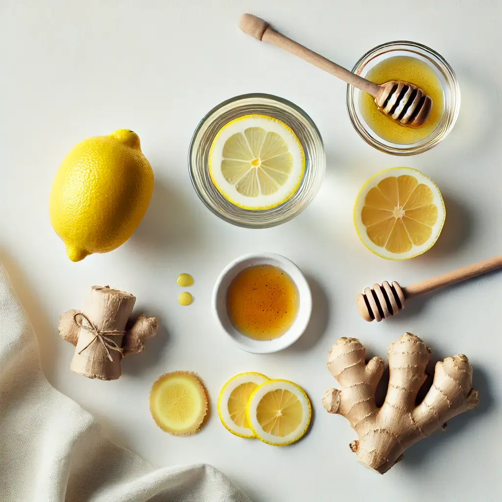 레몬, 꿀, 생강이 함께 놓인 평면 구성의 레몬수 이미지