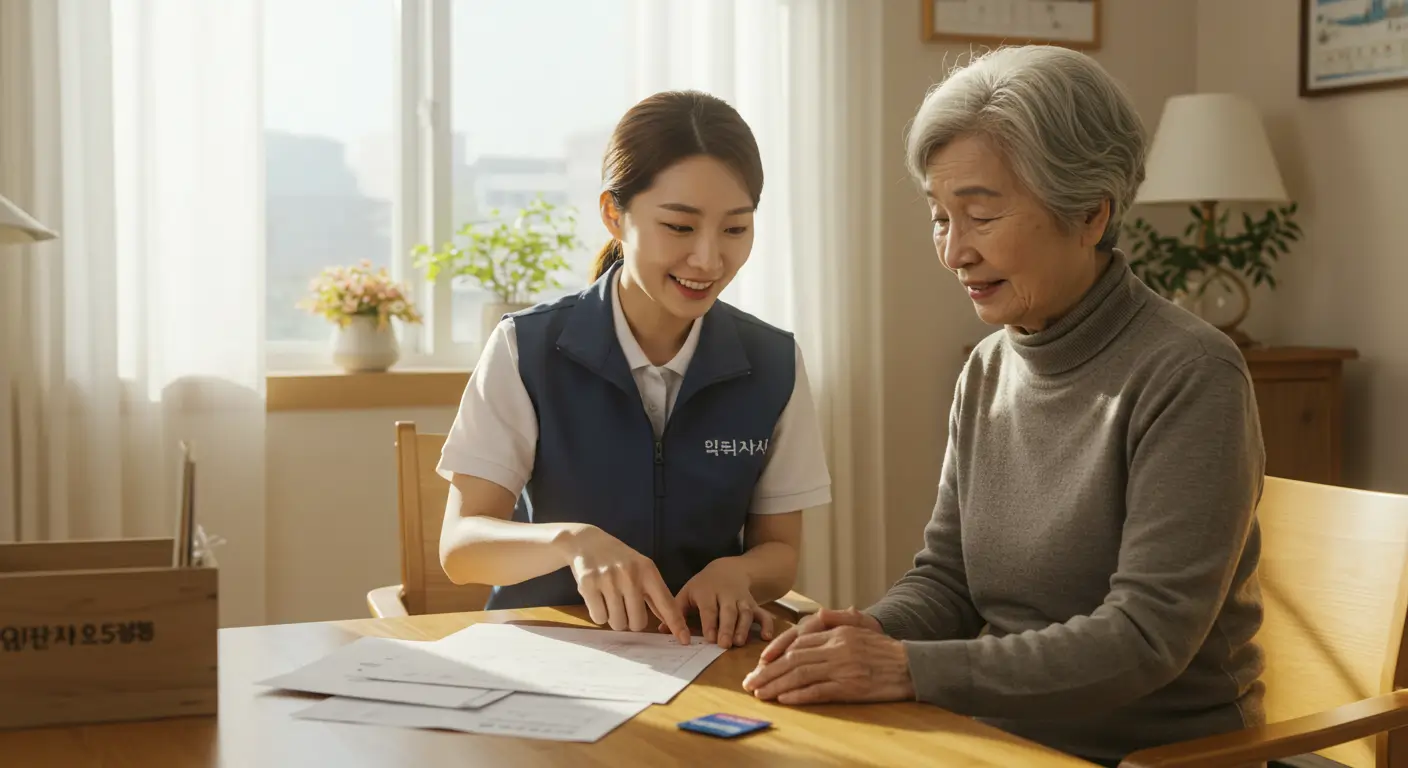 주민센터 직원이 어르신 댁을 방문하여, 민생회복 소비쿠폰 신청 방법을 친절하게 설명해주고 있는 따뜻한 모습