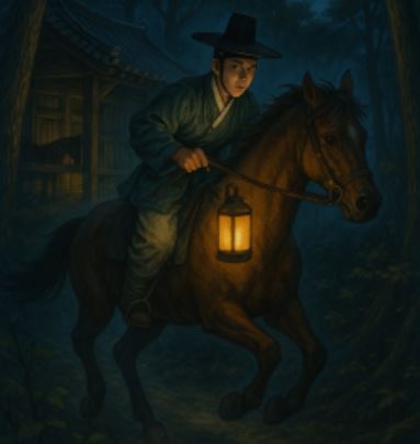 밤하늘 아래 말을 데리고 탈출하는 장면