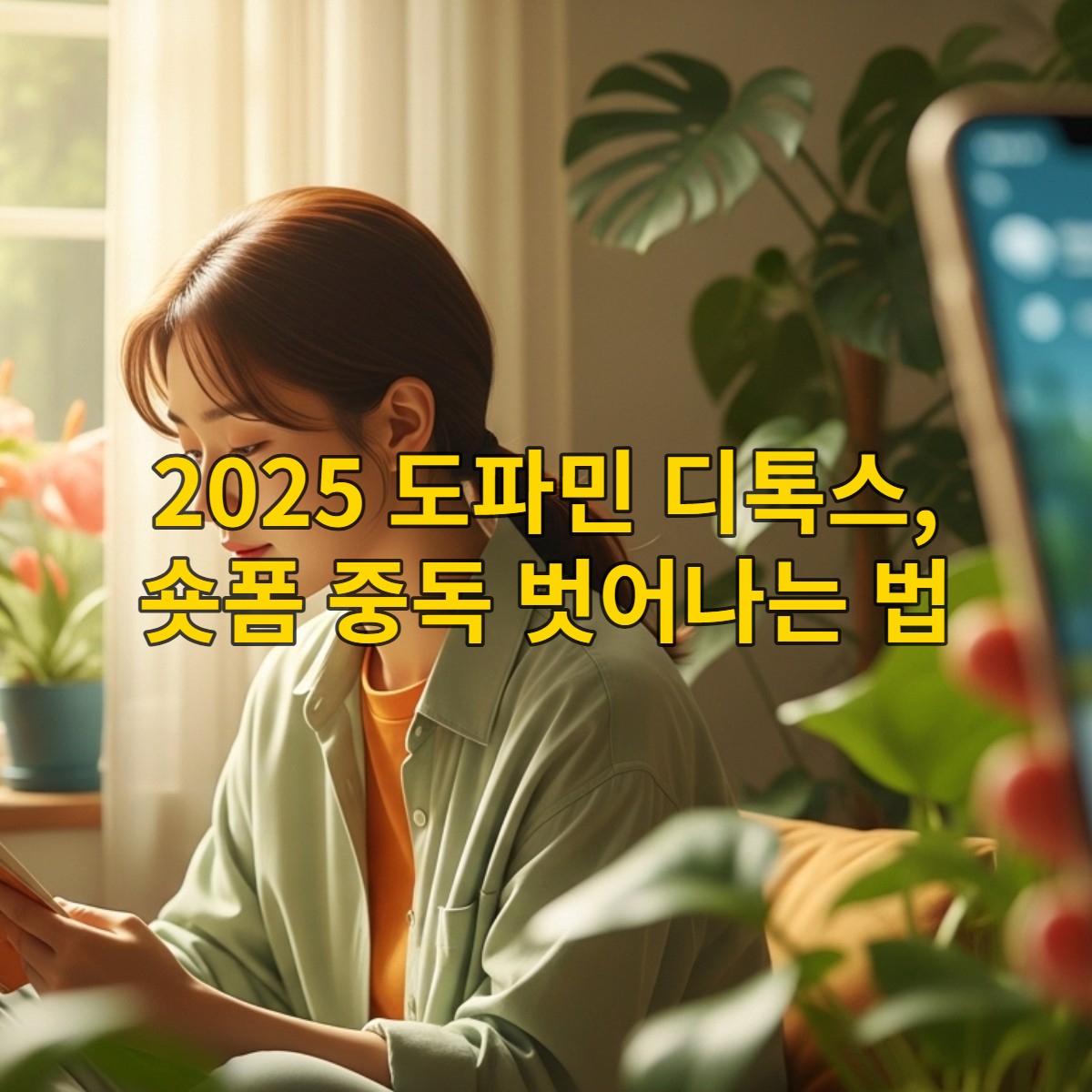 도파민 디톡스로 평온하게 책을 읽거나 그림을 그리는 20대 후반 한국인 여성의 모습. 주변에는 식물과 햇살이 가득하며, 뒤편에 흐릿하게 놓인 스마트폰은 디지털 단절을 암시합니다. 현대적이고 차분한 분위기.