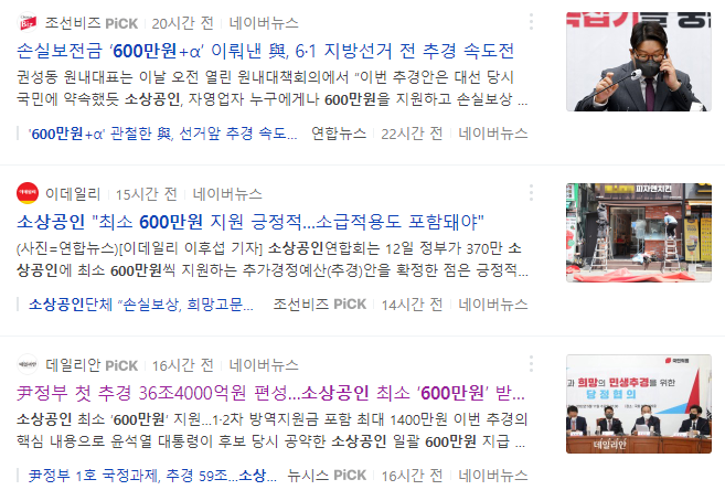 소상공인 600만원 손실보전금 관련 기사