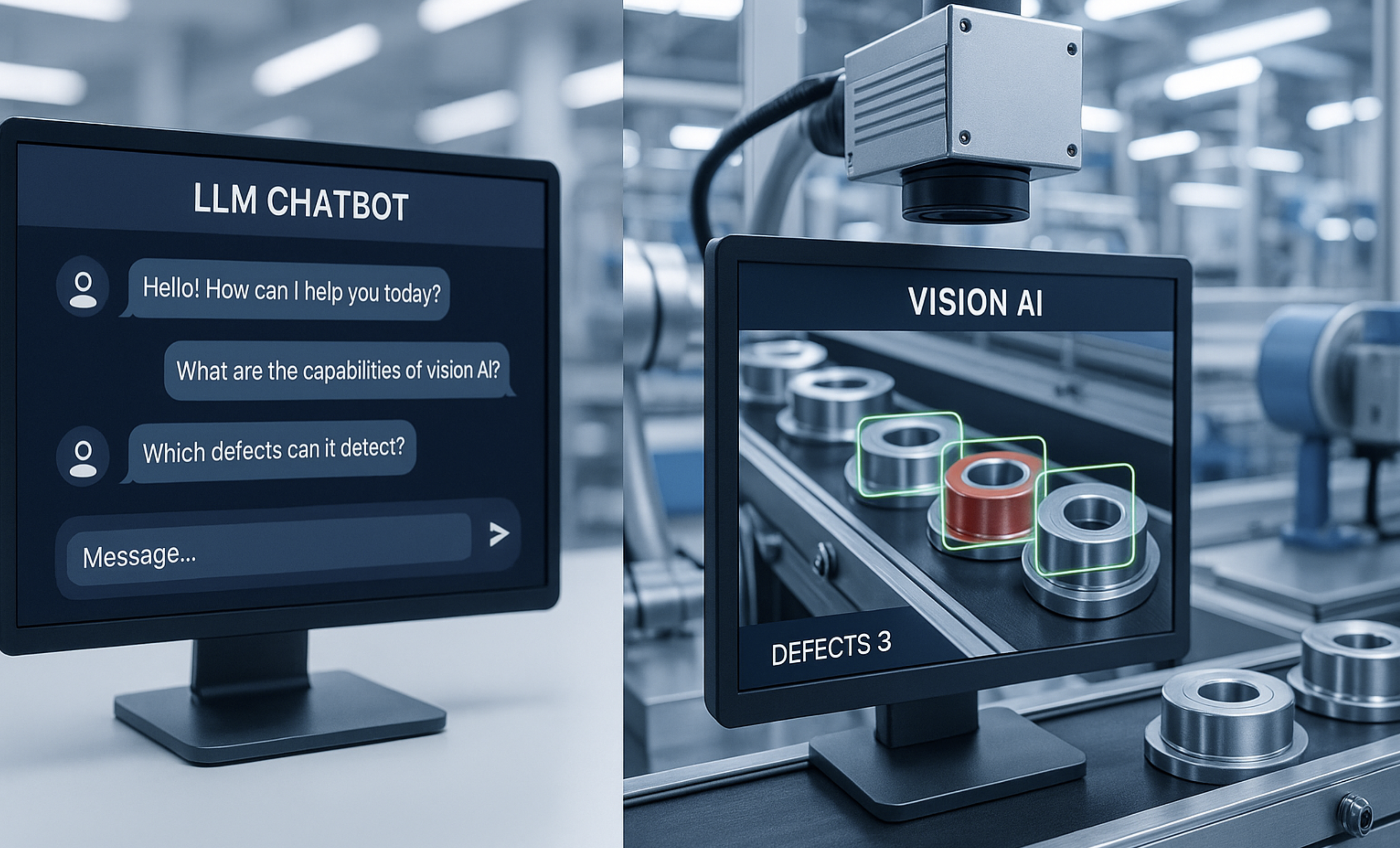 LLM 기반 대화형 AI(좌)와 제조업 전용 비전 AI(우)의 활용 환경 비교 - 범용성 vs 전문성의 차이를 보여주는 제조 현장