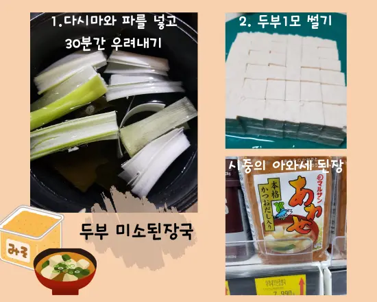 파와 다시마를 30분간 물에 넣어 우려내고 두부를 작게 썬 미소된장 만드는 과정과 아와세 된장
