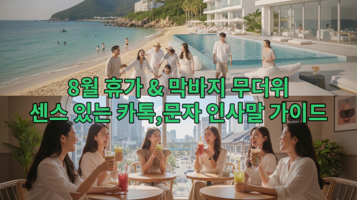 2026년 8월, 휴가지에서 휴식을 취하거나 시원한 카페에서 더위를 피하는 다양한 연령대의 한국인들이 행복하게 소통하는 모습.