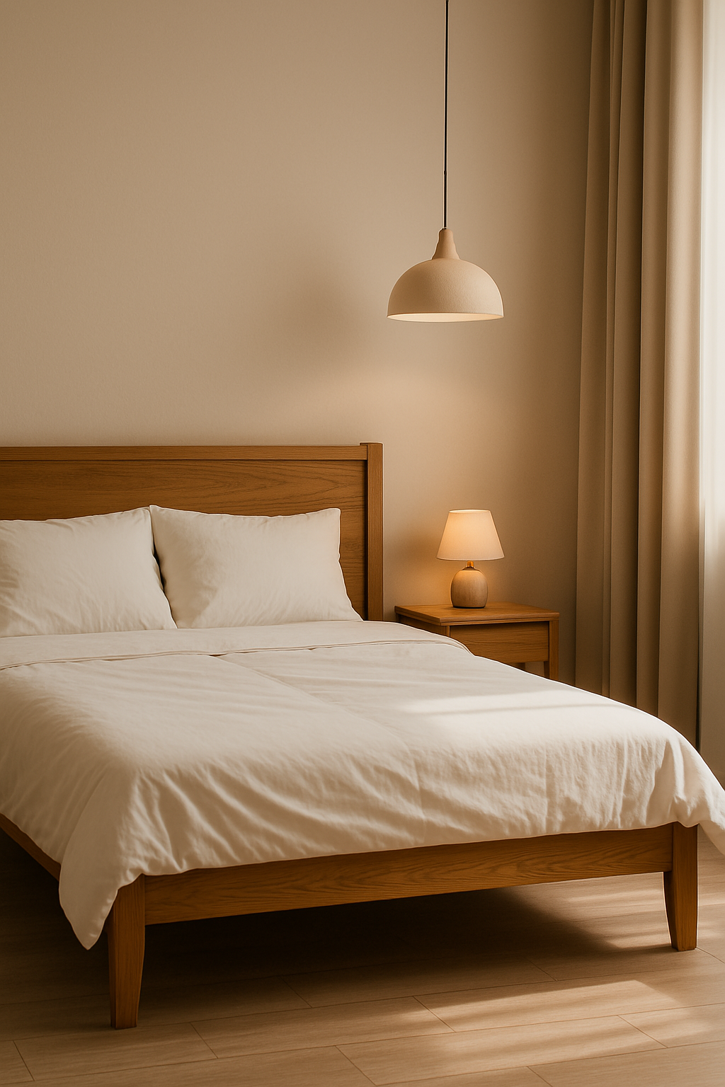 나무 재질의 침대와 부드러운 조명은 마음을 안정시키고 편안한 기운을 머물게 합니다.