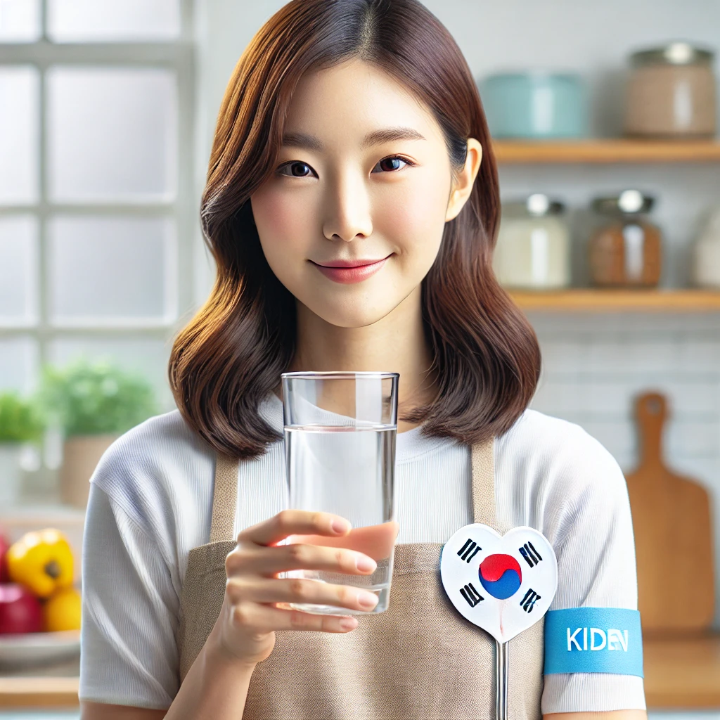 신장 건강을 위해 물을 마시는 건강한 한국인