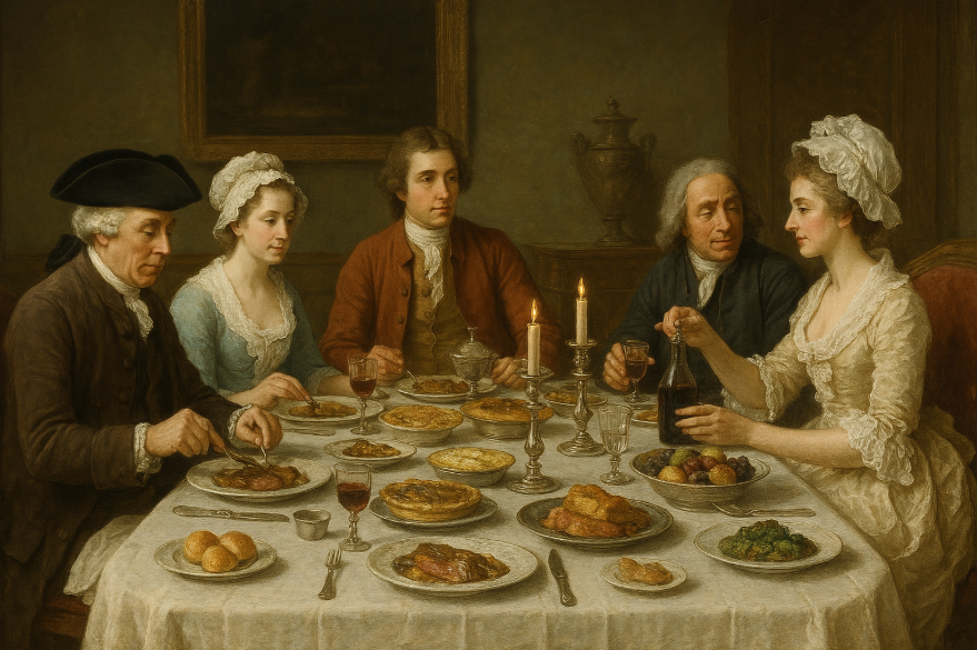 18세기 후반 영국이나 프랑스 상류층의 식탁 풍경을 묘사한 이미지입니다.