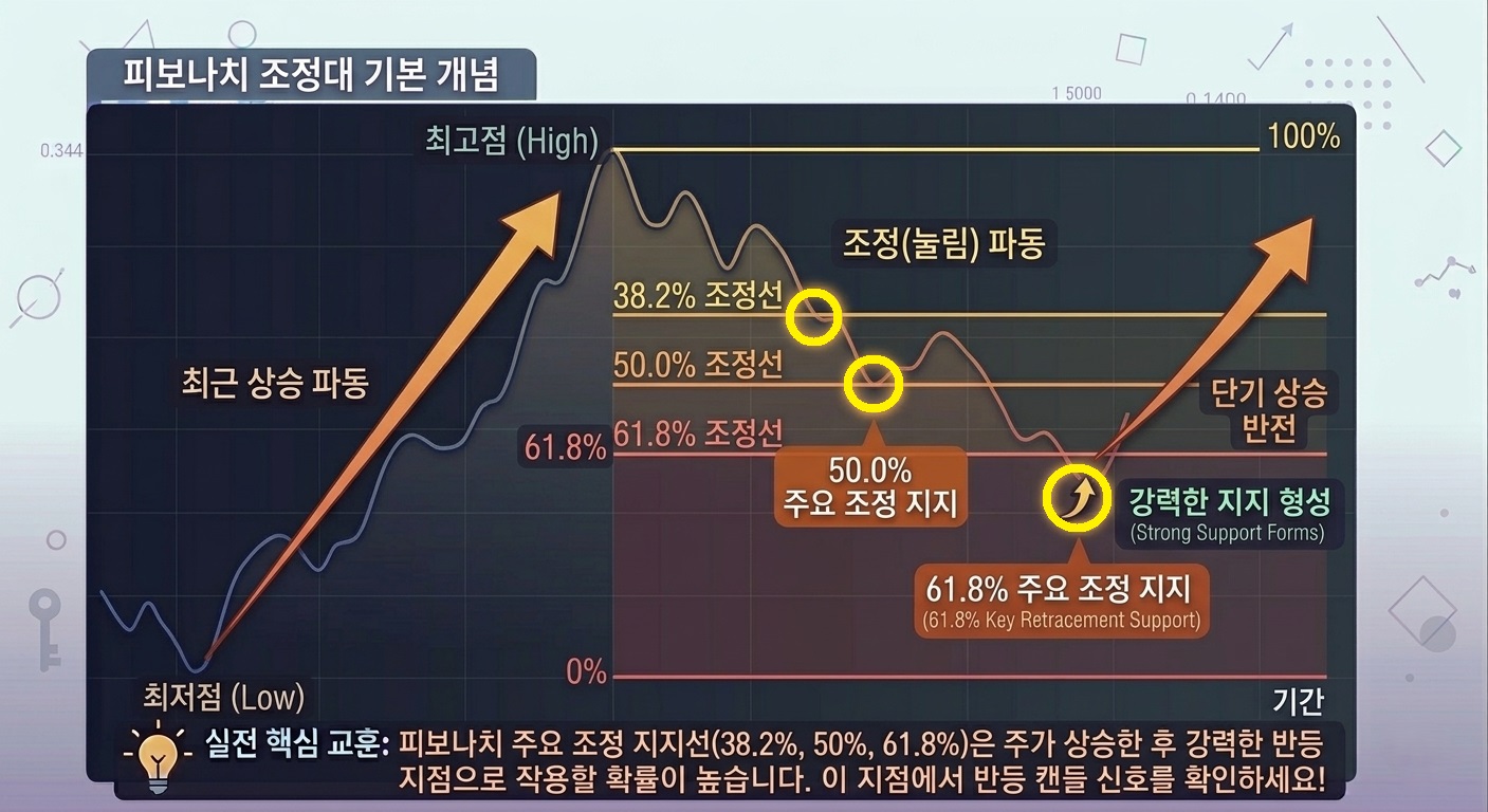 피보나치 조정대 주요 수치(38.2%, 50%, 61.8%) 기본 개념