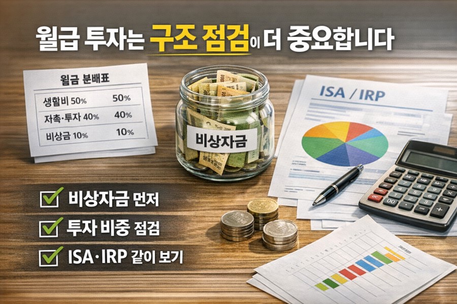 월급 분배와 비상자금, 투자 비중, ISA와 IRP, 분산투자 항목을 함께 점검하며 월급 투자 구조를 만드는 방법을 보여주는 체크리스트 이미지