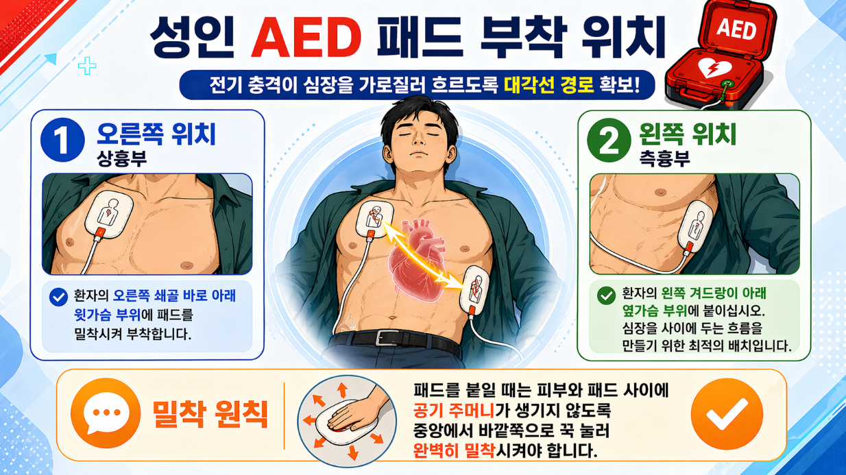 성인 AED 패드의 정확한 부착 위치와 밀착 원칙 설명 이미지