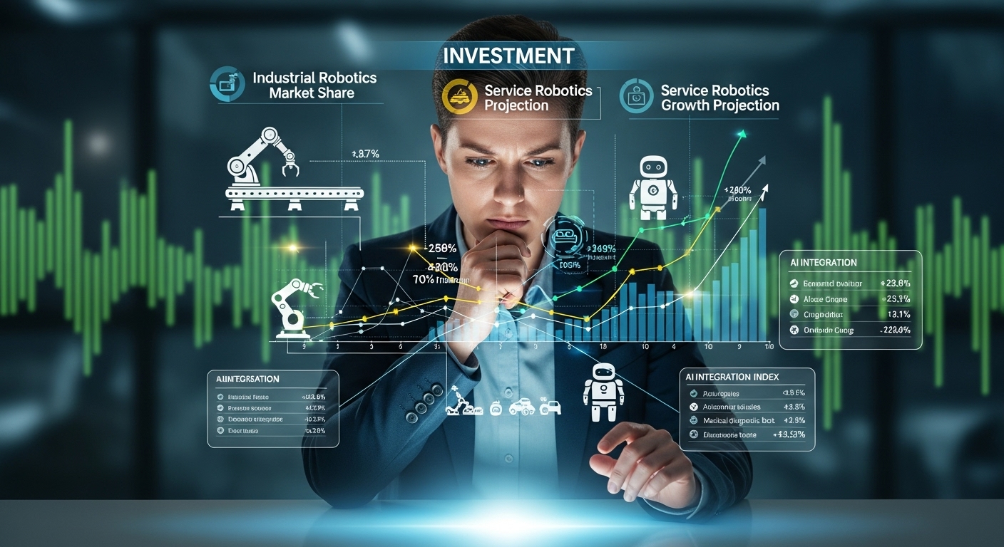 다양한 로봇 유형이 복잡하게 연결된 투자 차트를 호기심 가득한 표정으로 들여다보는 사람.