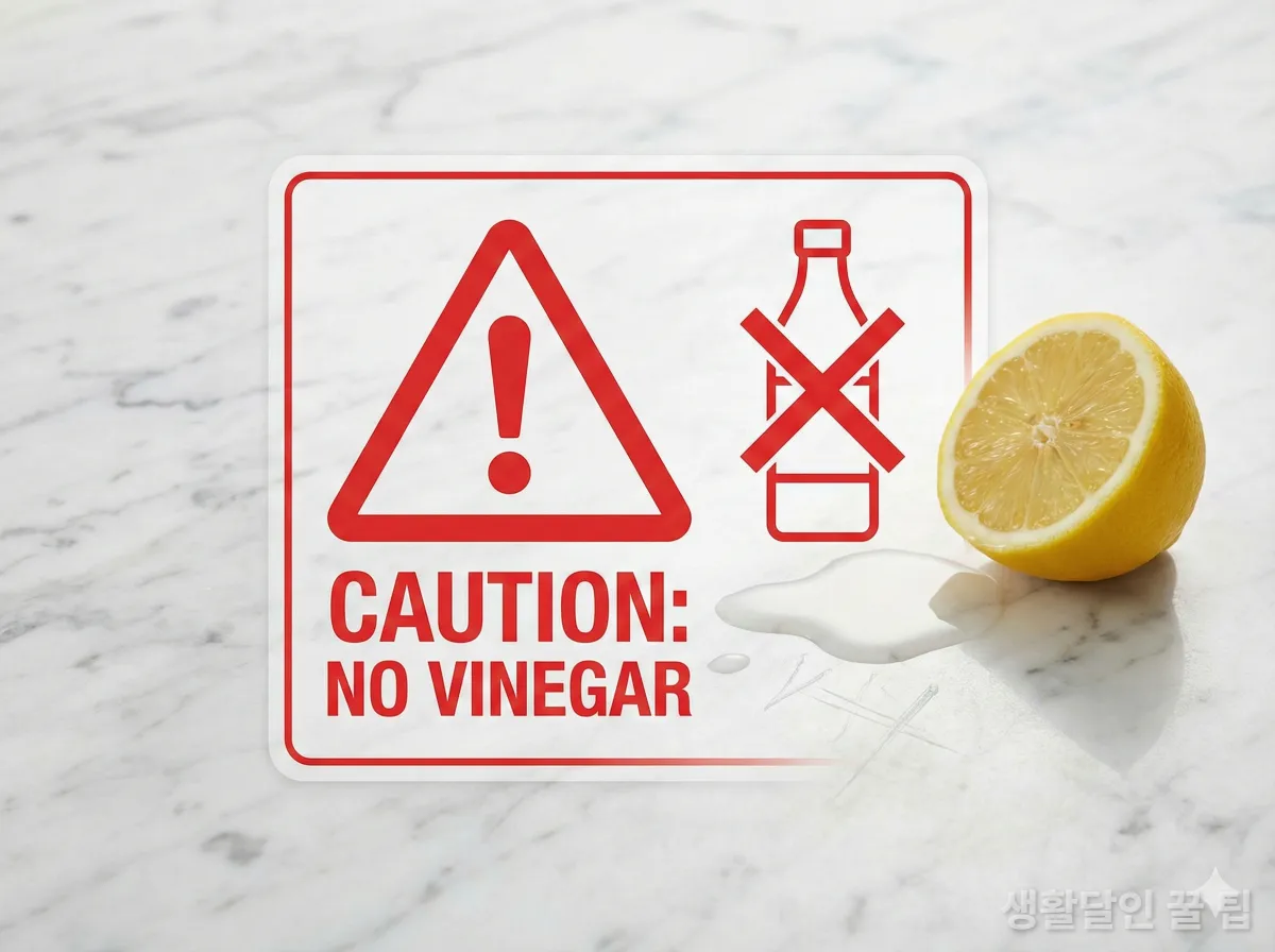 대리석 상판에 산성 액체 사용 주의를 알리는 이미지