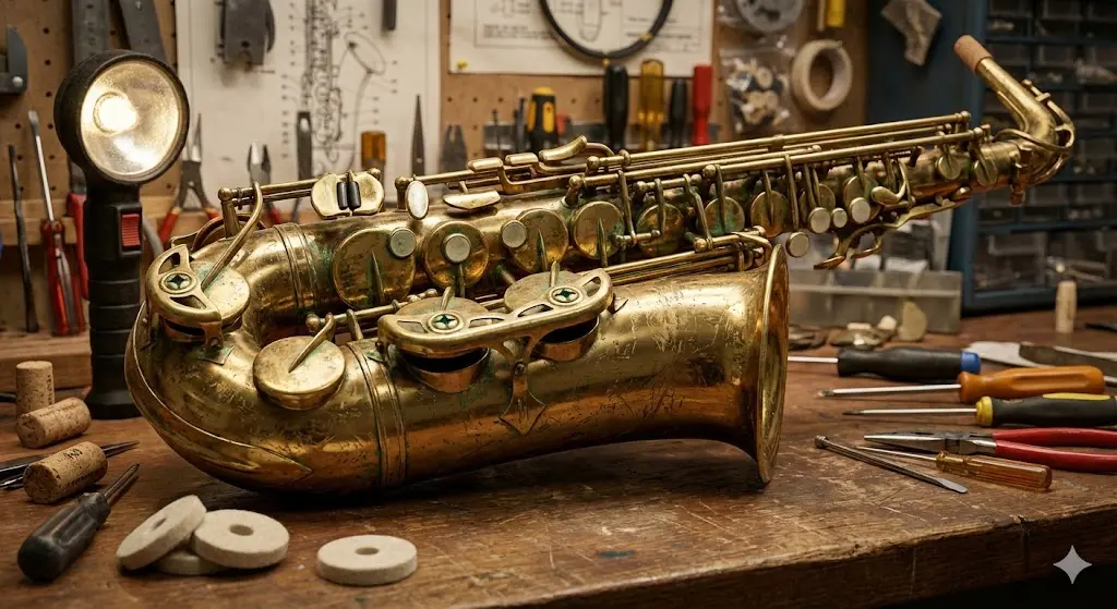 2026년 중고 색소폰 구매 전 패드 부식과 관체 덴트 상태를 점검하는 리페어샵 전문 수리 도구와 빈티지 악기 이미지