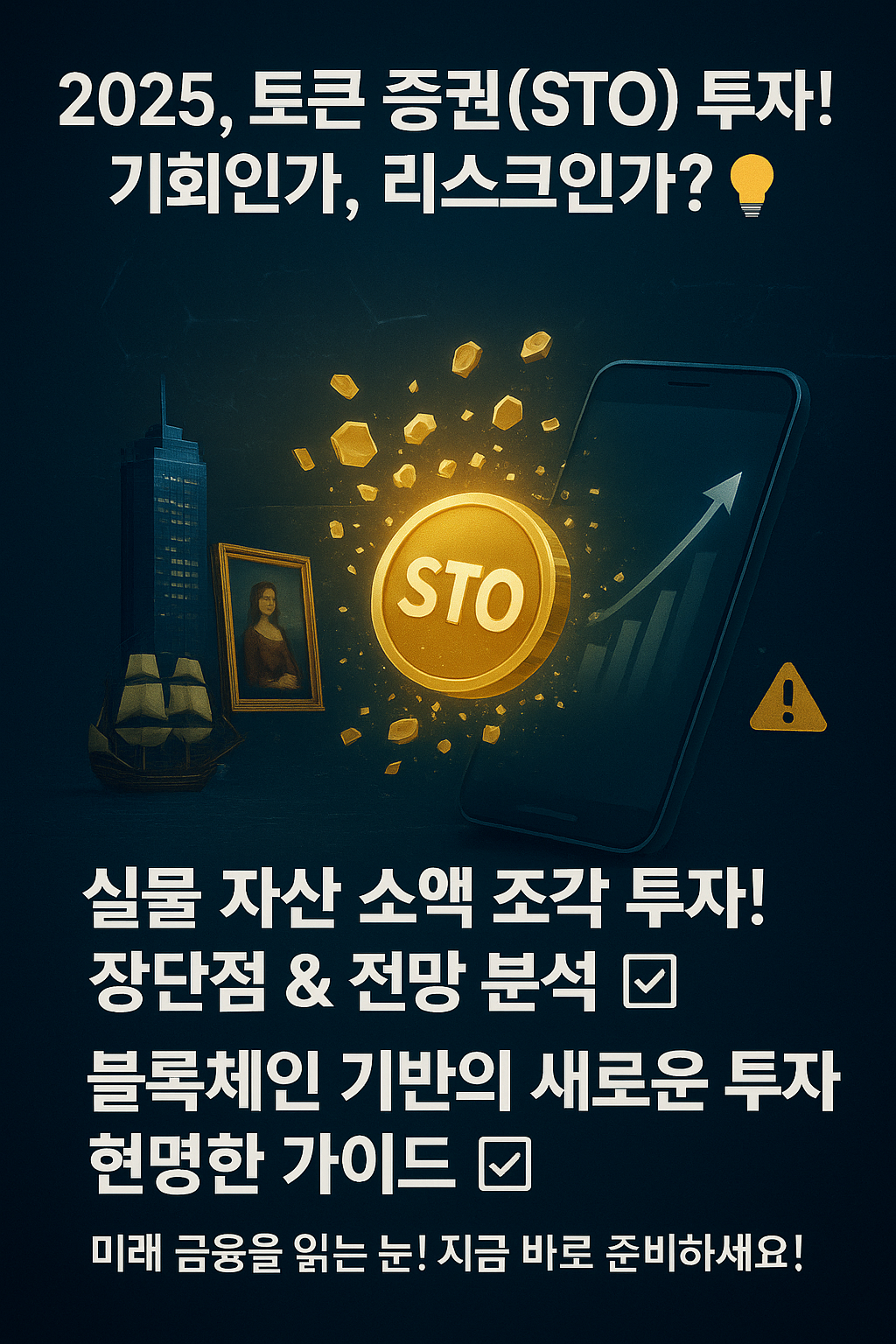 블록체인 네트워크가 보이는 미래지향적 배경 위로 고층 빌딩과 미술품 같은 실물 자산이 작은 디지털 토큰으로 쪼개져 스마트폰 화면으로 흘러가는 모습. 'STO', '2025 토큰 증권 투자', '블록체인 투자', '조각 투자', '장점 단점', '투자 전망', '디지털 자산', '소액 투자 기회' 등의 문구가 강조되어, 토큰 증권 투자의 혁신성과 함께 신중한 접근의 필요성을 시각적으로 표현함.