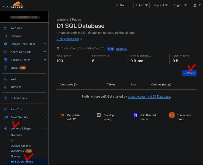 Cloudflare 대시보드 페이지의 D1 DB 생성 메뉴