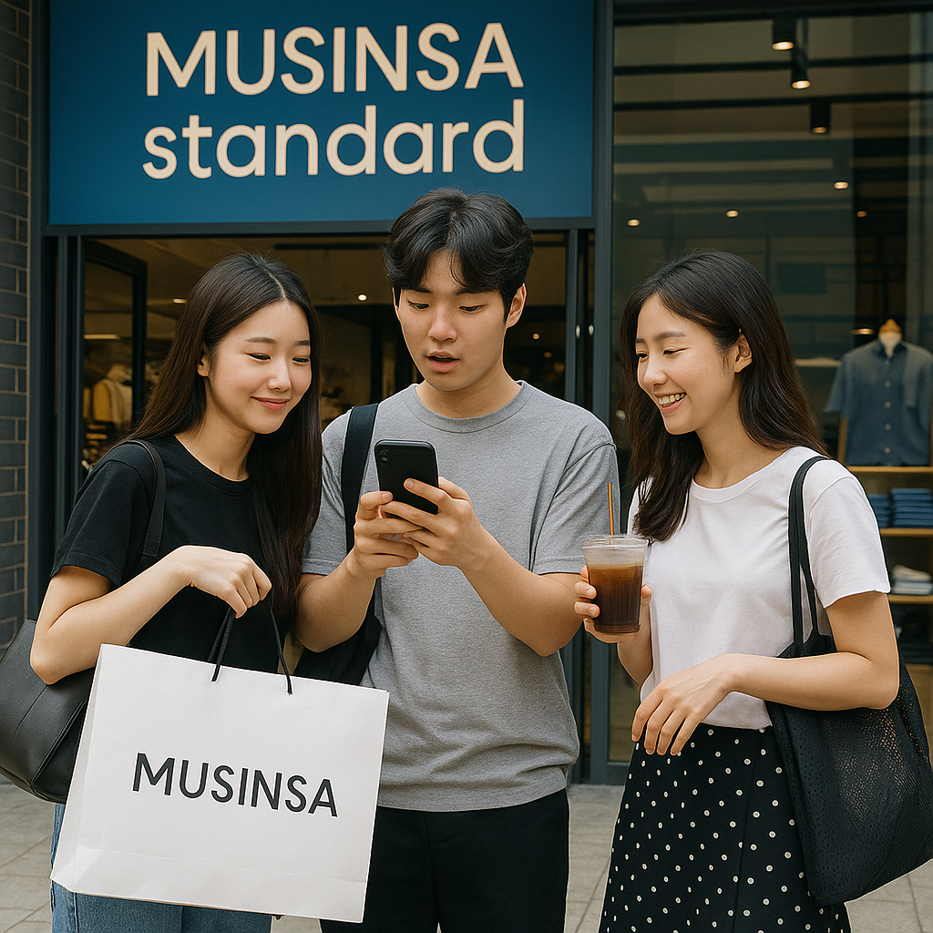 무신사에서 청년들이 제품 구매하는 사진