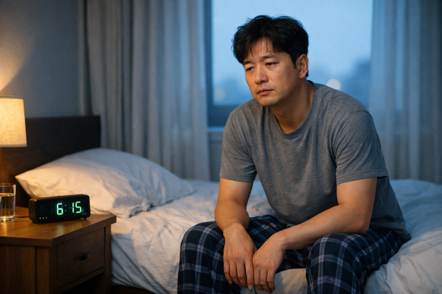 이른 아침 잠을 충분히 잤는데도 피곤한 표정으로 침대에 앉아 있는 40대 남성