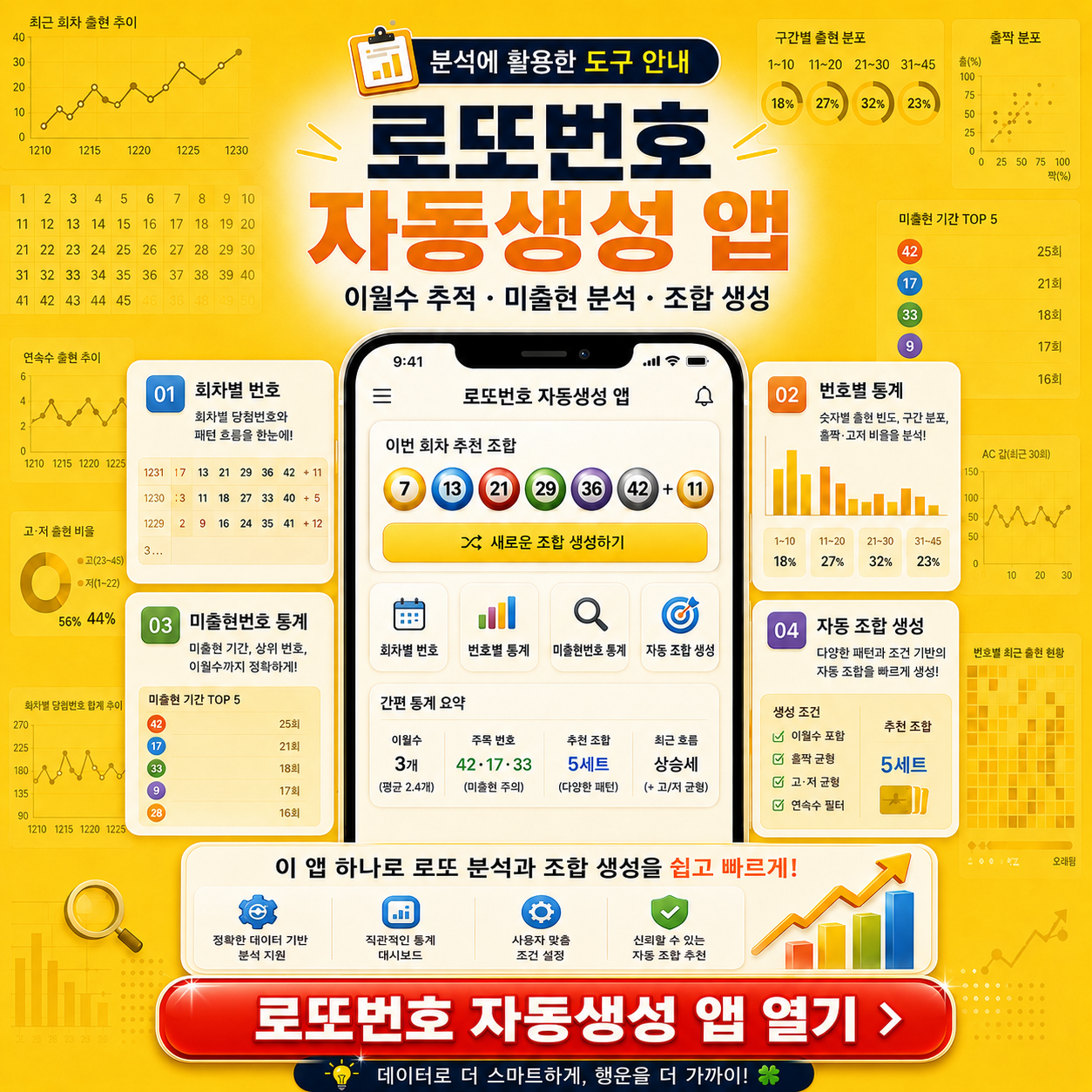 로또번호 자동생성 - 당첨번호 추첨결과 통계 및 무료 행운번호 자동 반자동 로또 예상번호 생성