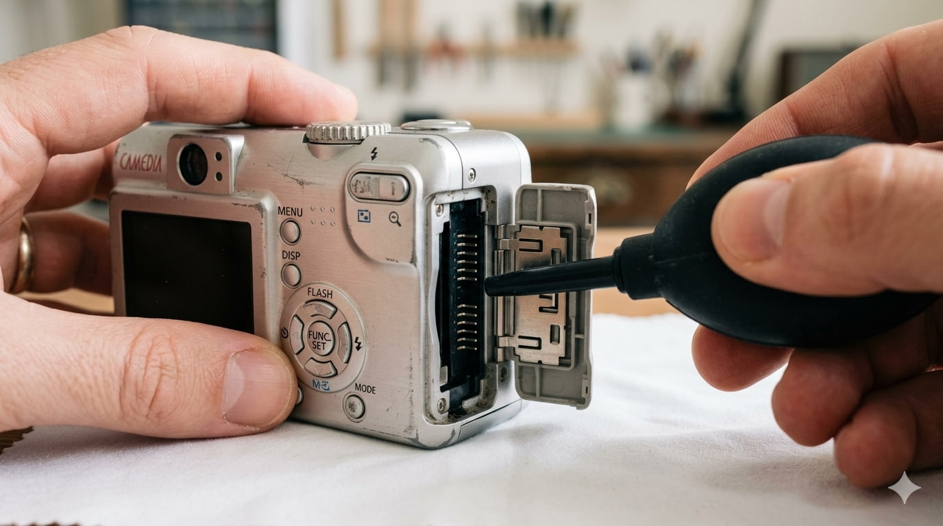 사람의 손이 에어블로워를 사용하여 은색 빈티지 디지털 카메라의 열려 있는 메모리 카드 슬롯 내부 먼지를 제거하는 정밀 근접 사진