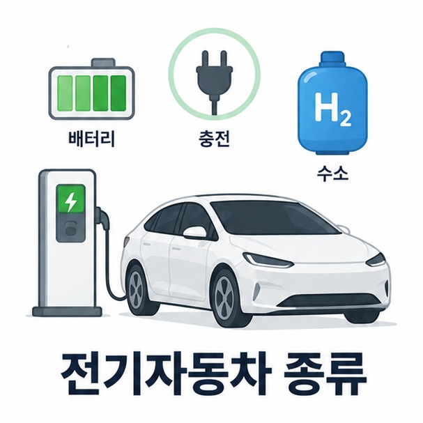전기자동차 종류와 BEV PHEV HEV FCEV 네 가지 구동 방식을 비교한 교육용 이미지