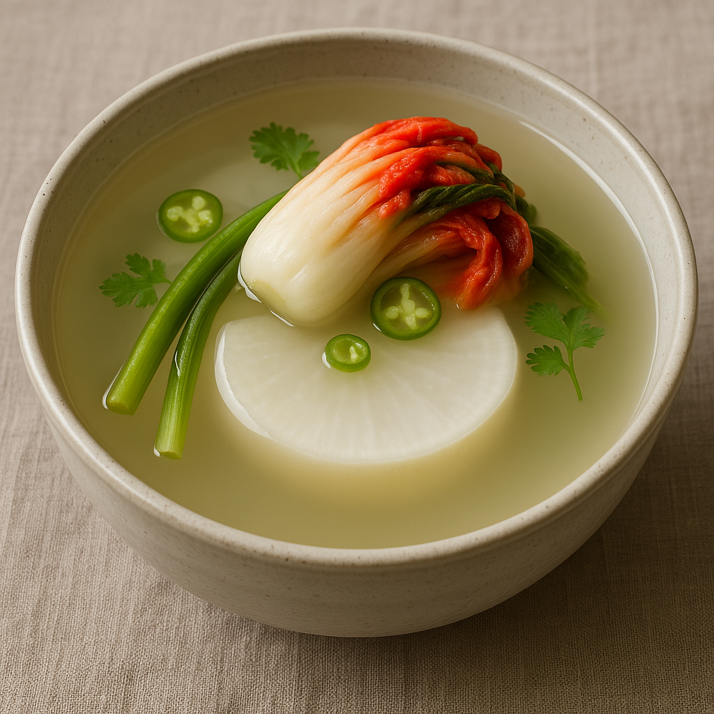 전통 도자기 그릇에 흰 무 조각, 배추김치, 청양고추, 실파, 고수가 담긴 동치미.