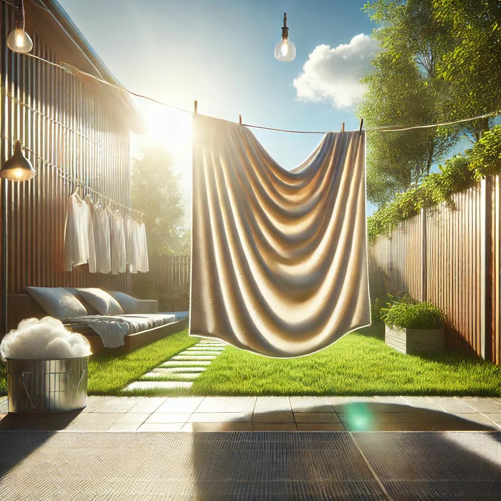 이불 빨래 후 햇빛에 이불을 말리고 있다