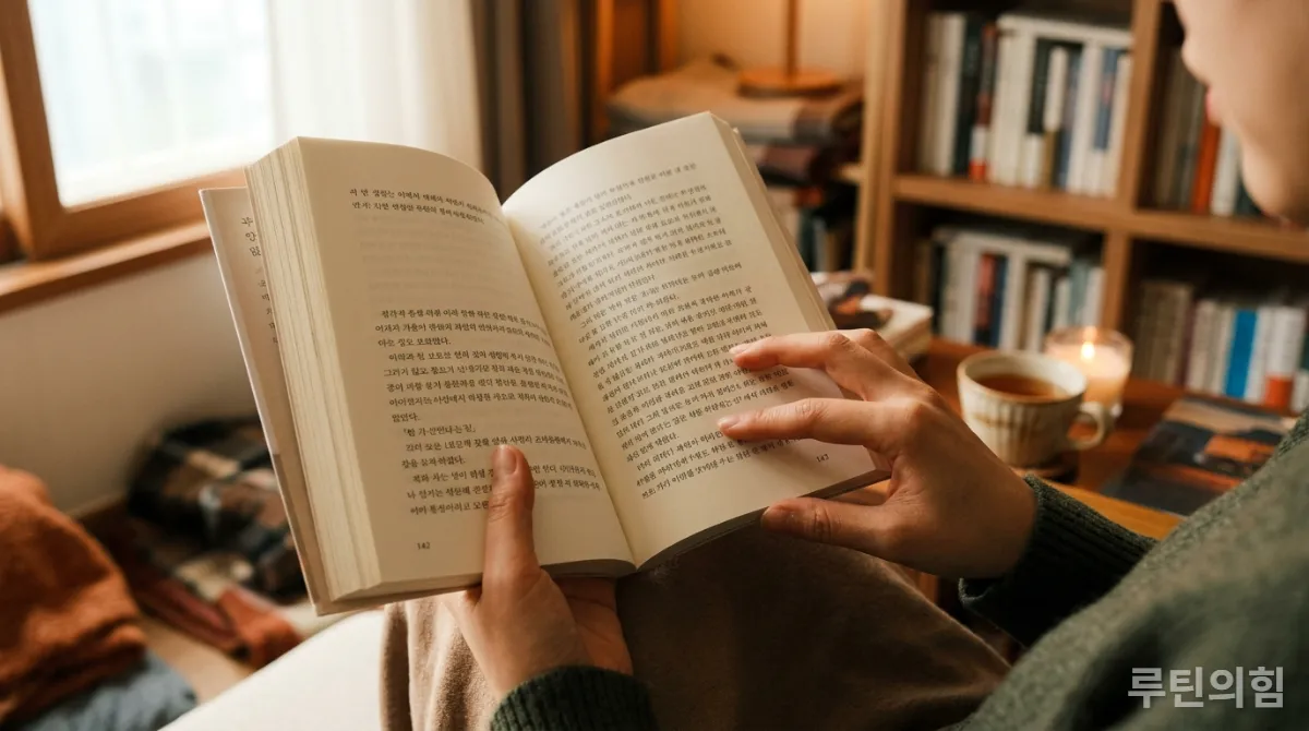 책을 읽는 손과 따뜻한 분위기의 한국 거실