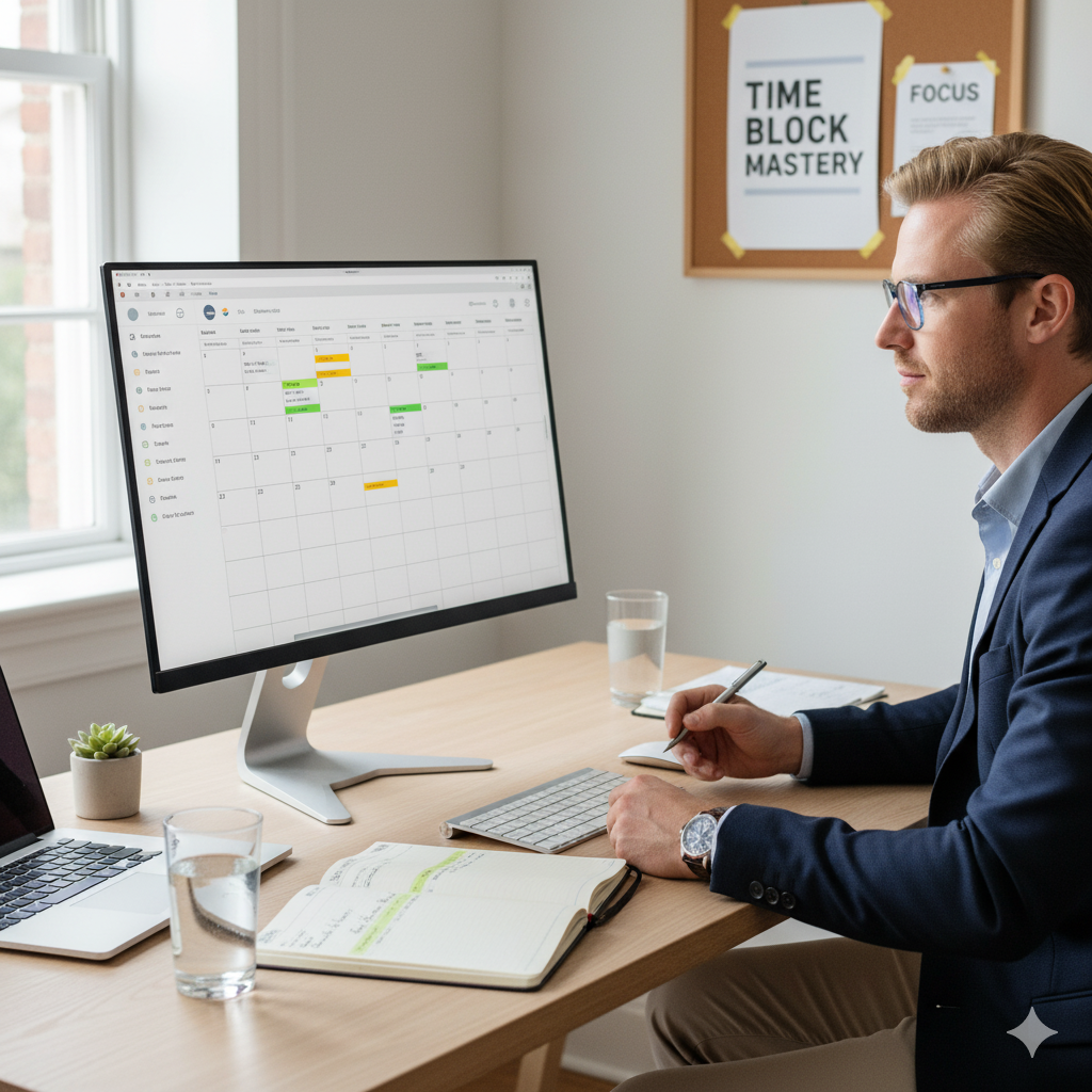 업무 효율을 높이기 위해 정돈된 책상에서 시간 블록 루틴을 실행 중인 직장인의 모습 (이미지 생성:google)