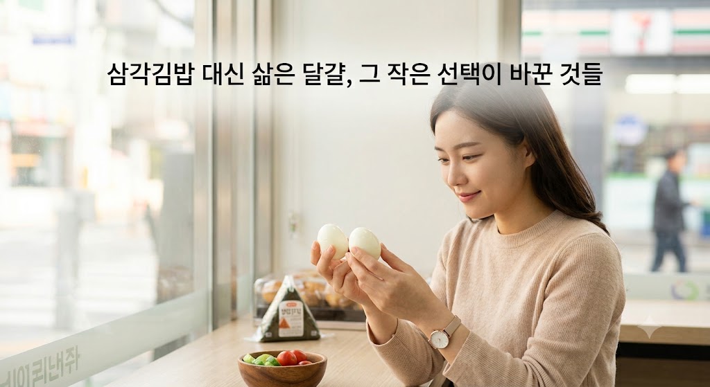 젊은 여성 직장인이 편의점 창가 자리에서 삼각김밥과 오이, 방울토마토 그릇을 두고 삶은 달걀을 들고 있는 모습