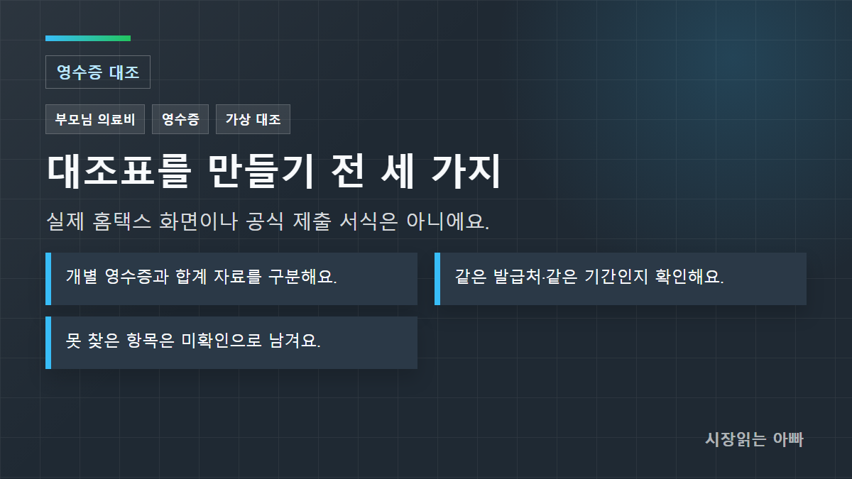 확인 기준: 개별 영수증과 합계 자료를 구분해요.; 같은 발급처·같은 기간인지 확인해요.; 못 찾은 항목은 미확인으로 남겨요.