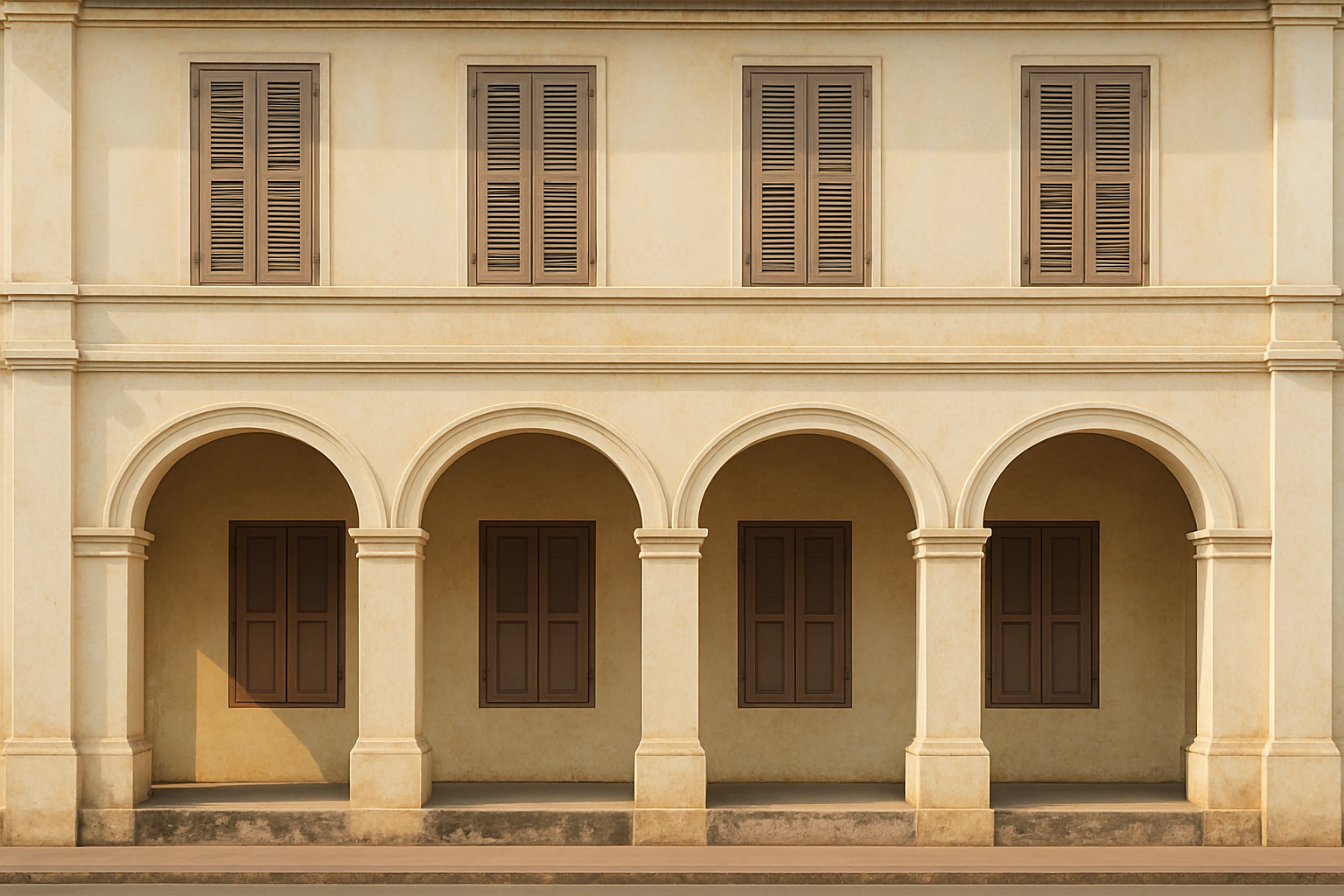 비엔티안의 콜로니얼 양식 건물 정면. 아케이드 기둥과 셔터가 수직&middot;수평으로 정확히 맞고, 파스텔 톤 회벽에 약한 노후 감이 보인다. 차량&middot;사람&middot;간판은 프레임에서 배제됐다.