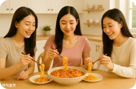 친구들과 라면 파스타를 맛있게 먹는 장면 재현